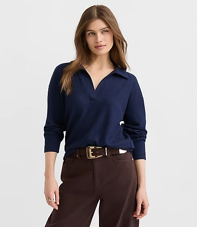 Waffle Collared V-Neck Top