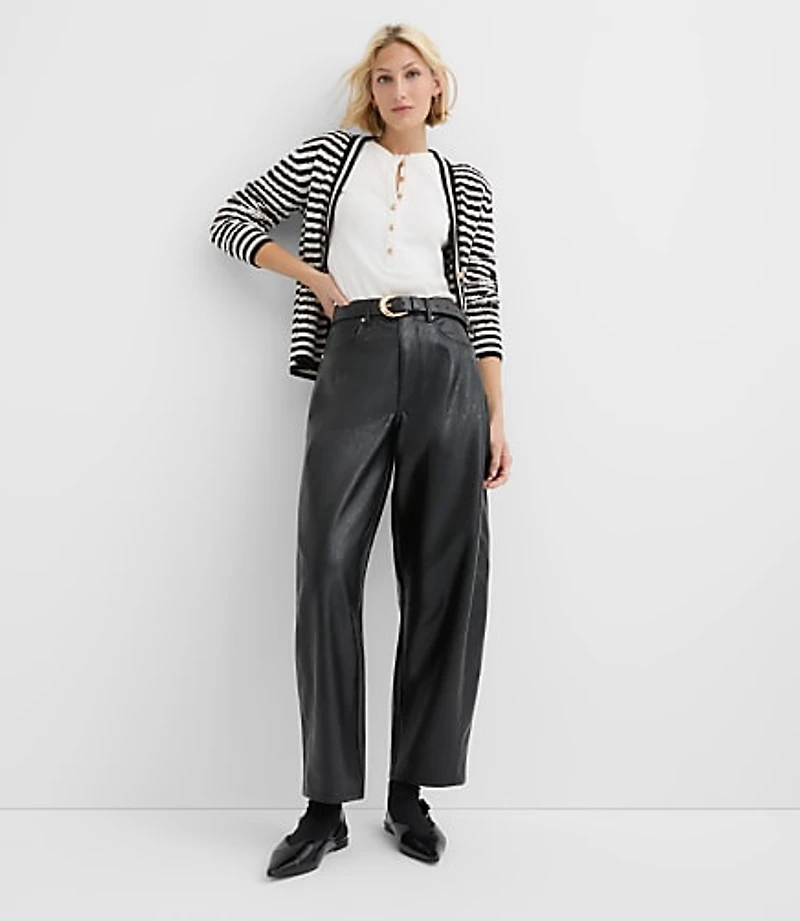 Petite High Rise Horseshoe Seamed Barrel Jeans Faux Leather