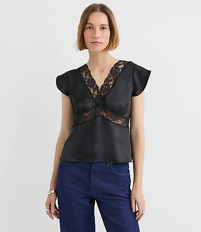 Floral Lace Satin V-Neck Top