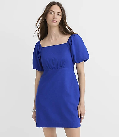 Linen Cotton Puff Sleeve Mini Pocket Dress
