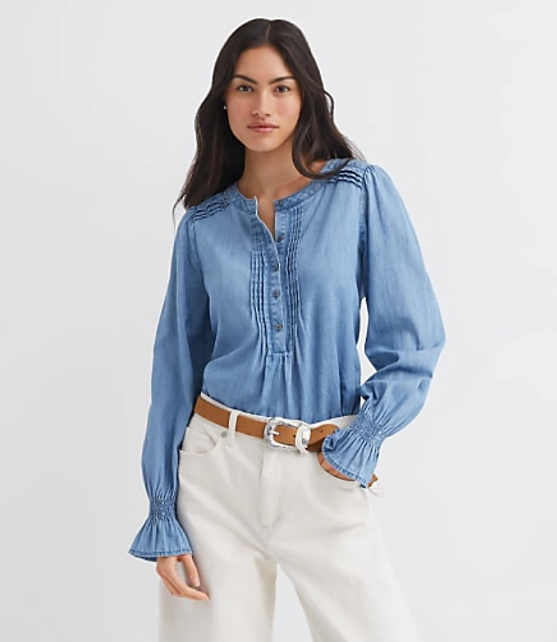 Chambray Pleated Henley Blouse