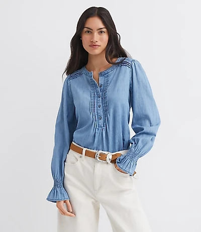 Chambray Pleated Henley Blouse