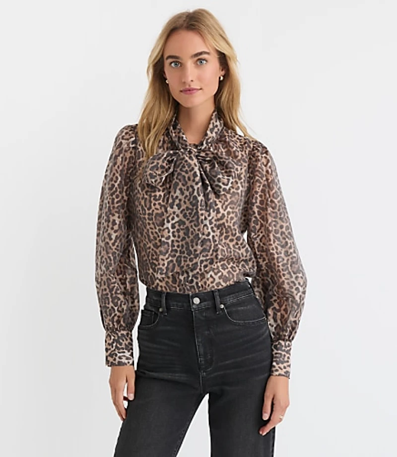 Leopard Print Blouson Sleeve Bow Blouse
