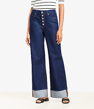Petite Curvy Cuffed High Rise Wide Leg Jeans Rinse Wash