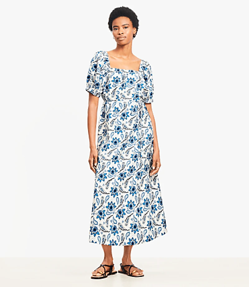 Petite Paisley Smocked Square Neck Midi Dress