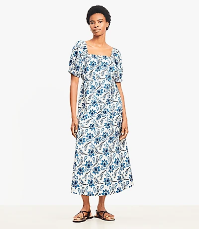Petite Paisley Smocked Square Neck Midi Dress