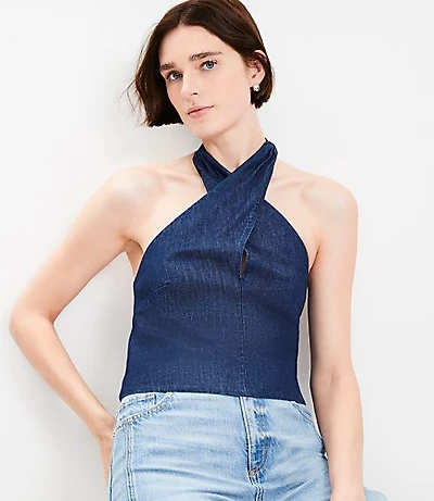 Petite Chambray Crossover Halter Top