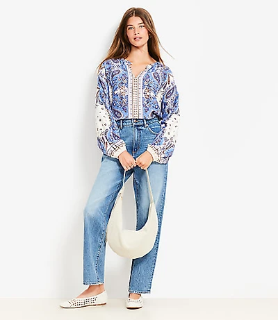 Petite Bandana Print Split Neck Balloon Sleeve Blouse