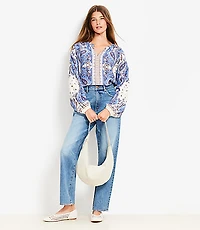 Petite Bandana Print Split Neck Balloon Sleeve Blouse