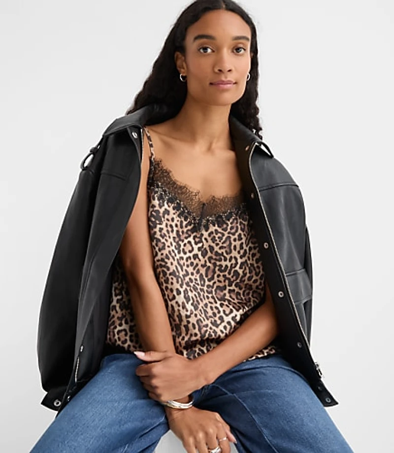 Petite Leopard Print Lace Trim Satin Cami
