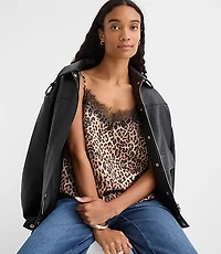 Petite Leopard Print Lace Trim Satin Cami