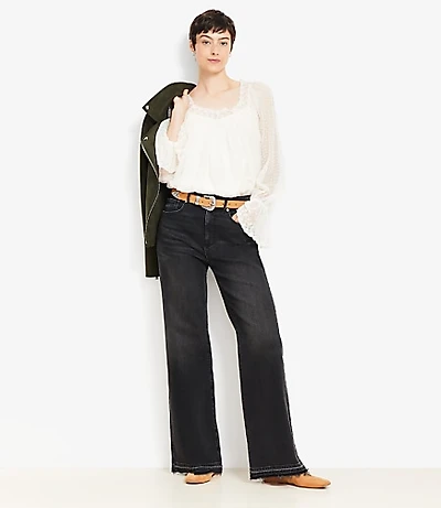 Petite Unpicked Hem High Rise Wide Leg Jeans Washed Black