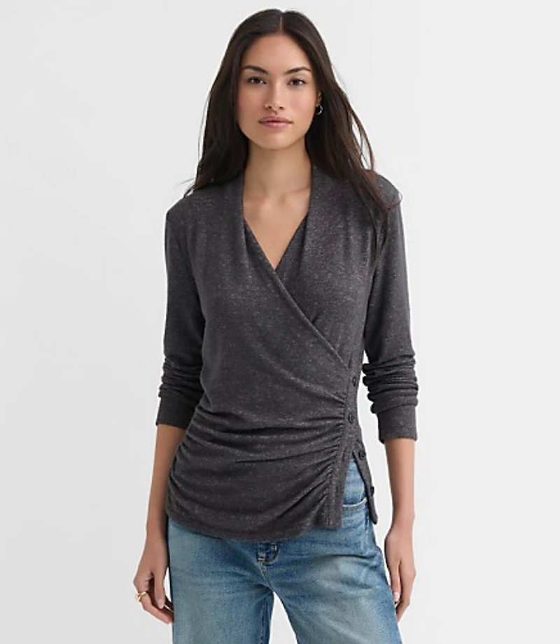 Petite Heathered Button Side Ruched Top