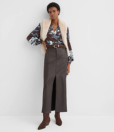 Coated Denim Maxi Skirt Brown