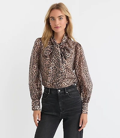 Petite Leopard Print Blouson Sleeve Bow Blouse