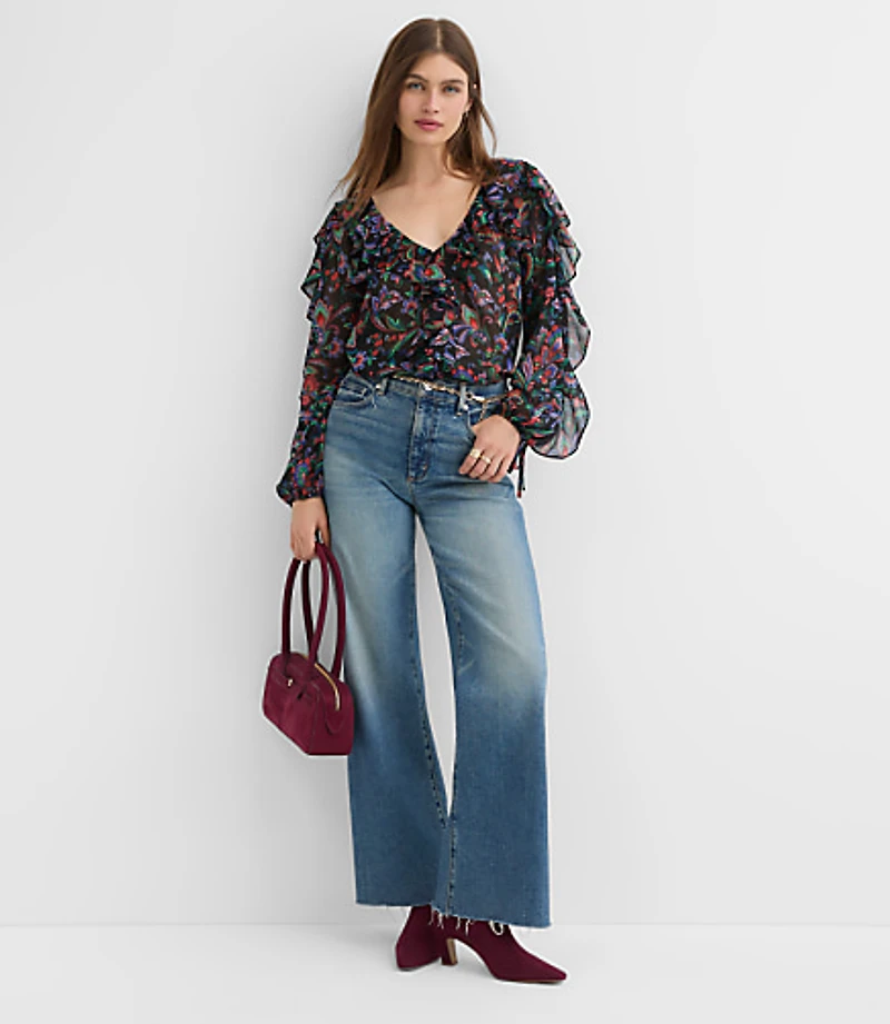 Floral Ruffle Tie Cuff Blouse