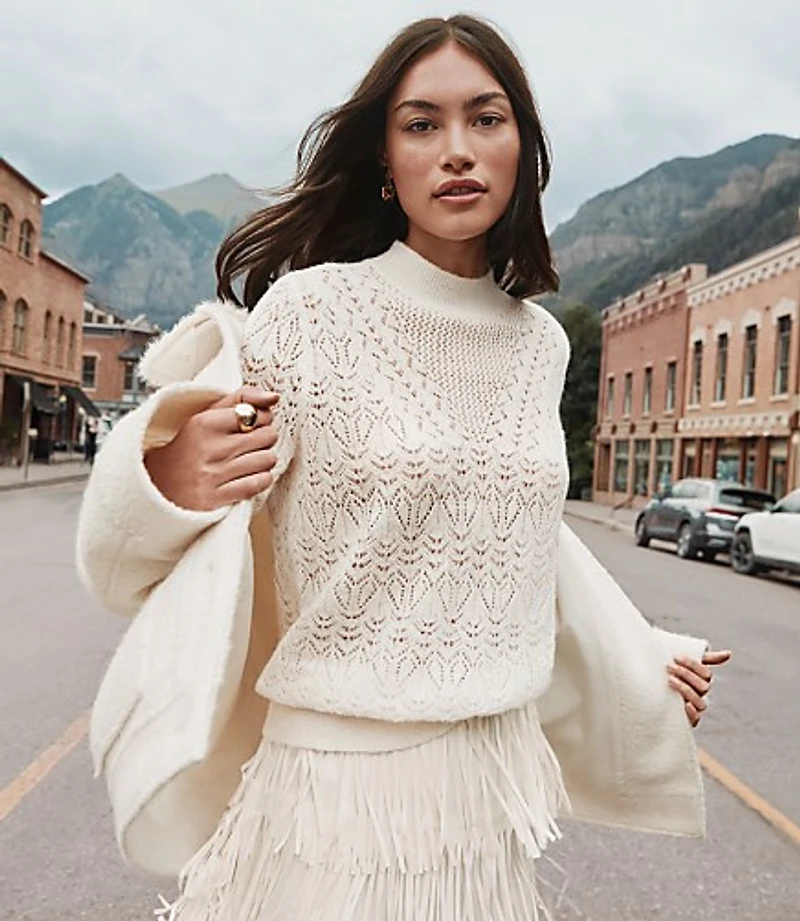 Pointelle Yoke Mock Neck Sweater