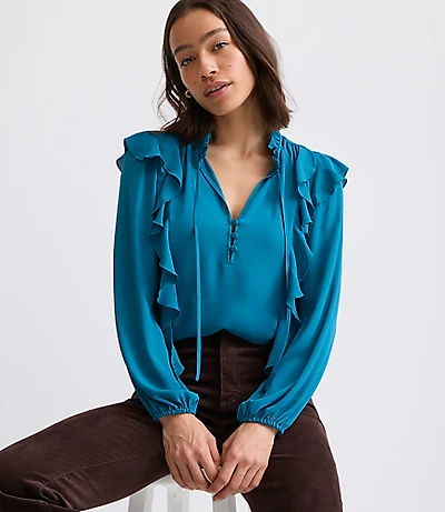 Petite Ruffle Button Tie Neck Blouse
