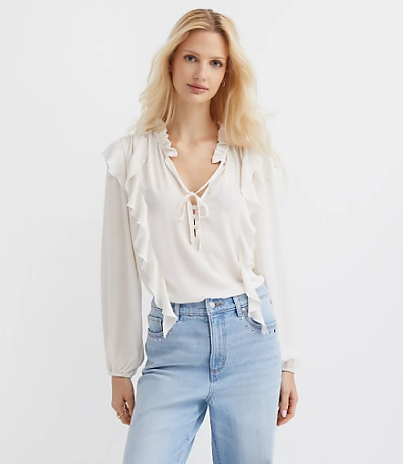 Petite Ruffle Button Tie Neck Blouse