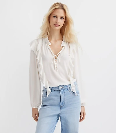 Petite Ruffle Button Tie Neck Blouse