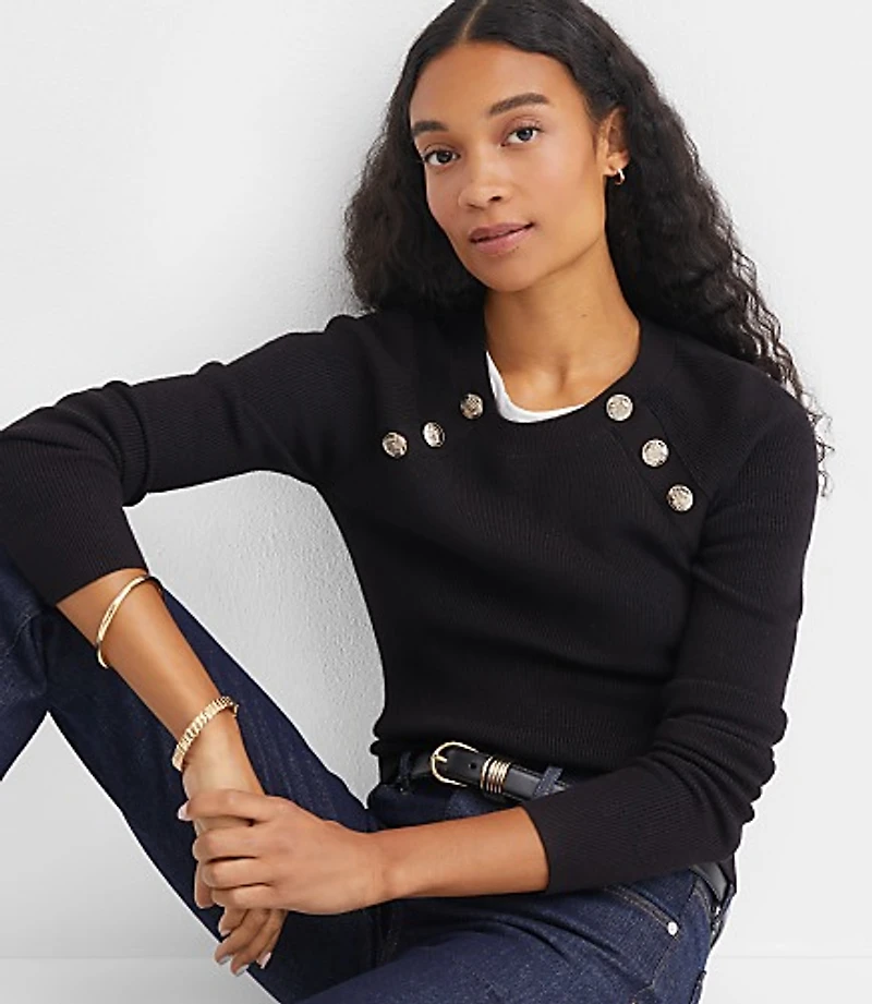 Button Ribbed Raglan Sweater