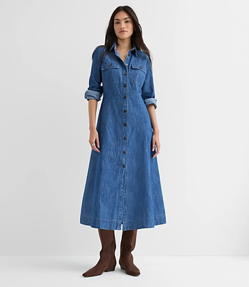Petite Chambray Seamed Midi Pocket Shirtdress