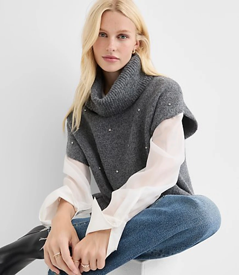 Sparkle Embellished Turtleneck Poncho Sweater