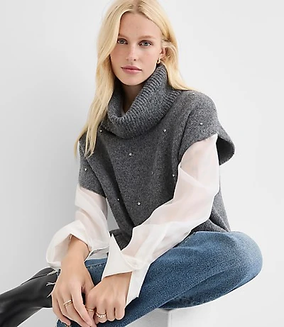 Sparkle Embellished Turtleneck Poncho Sweater