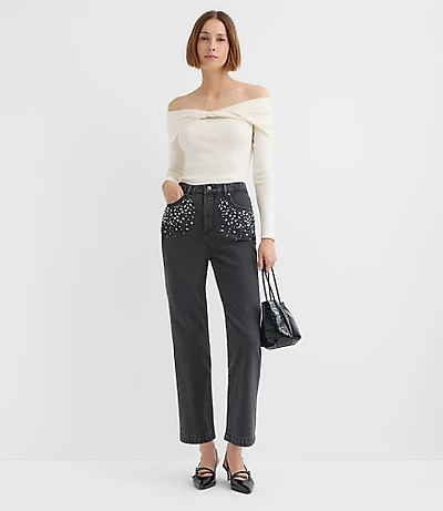 Petite Jeweled Pocket High Rise Straight Jeans Washed Black
