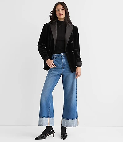 Embellished Cuffed High Rise Wide Leg Crop Jeans Bright Mid Indigo Wash