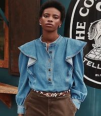 Petite Ruffle Denim Shirt in Light Wash