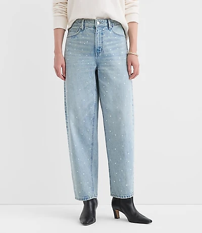 Petite Curvy Sparkle Embellished High Rise Barrel Jeans Vintage Light Indigo Wash