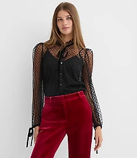Petite Velvet Dot Tulle Bow Blouse