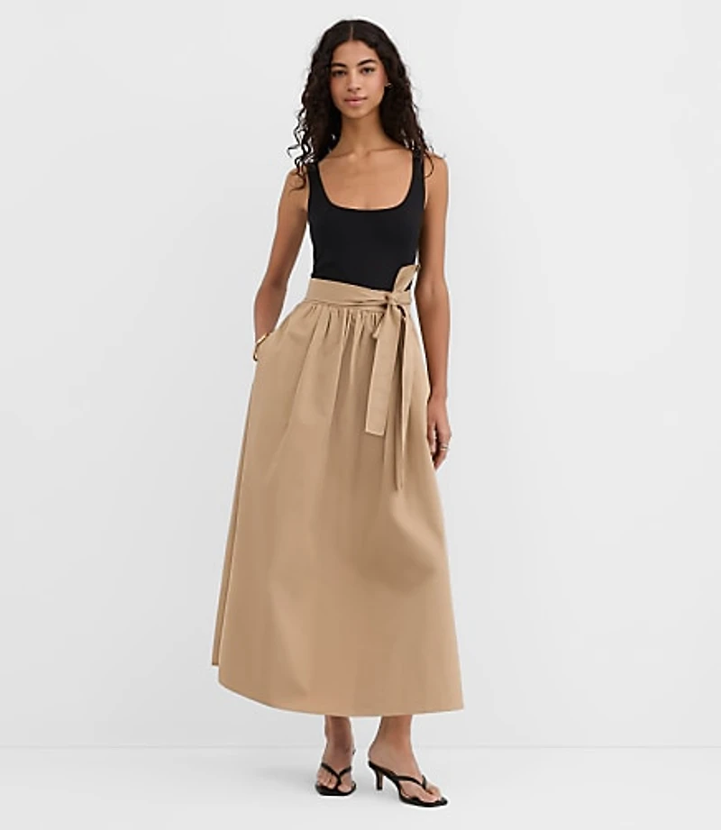 Tie Waist Mixed Media Midi Pocket Dress