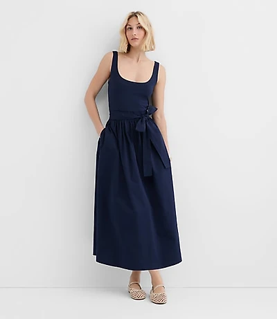 Tie Waist Mixed Media Midi Pocket Dress