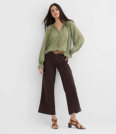 Eyelet Ruffle Cuff Tie Neck Blouse