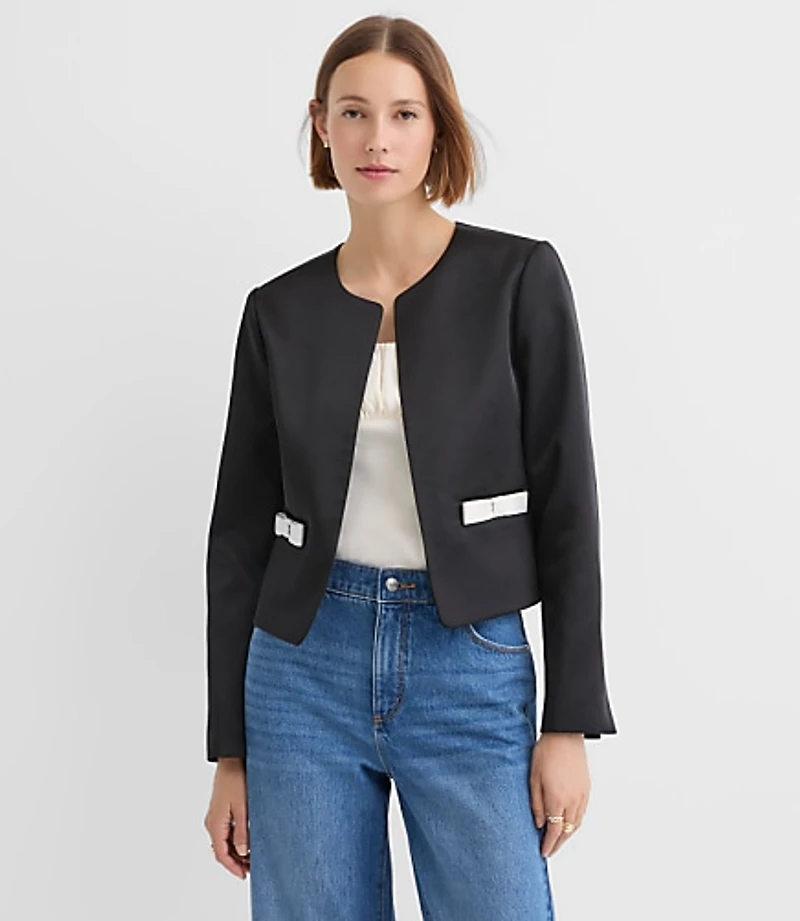 Petite Satin Bow Pocket Collarless Jacket