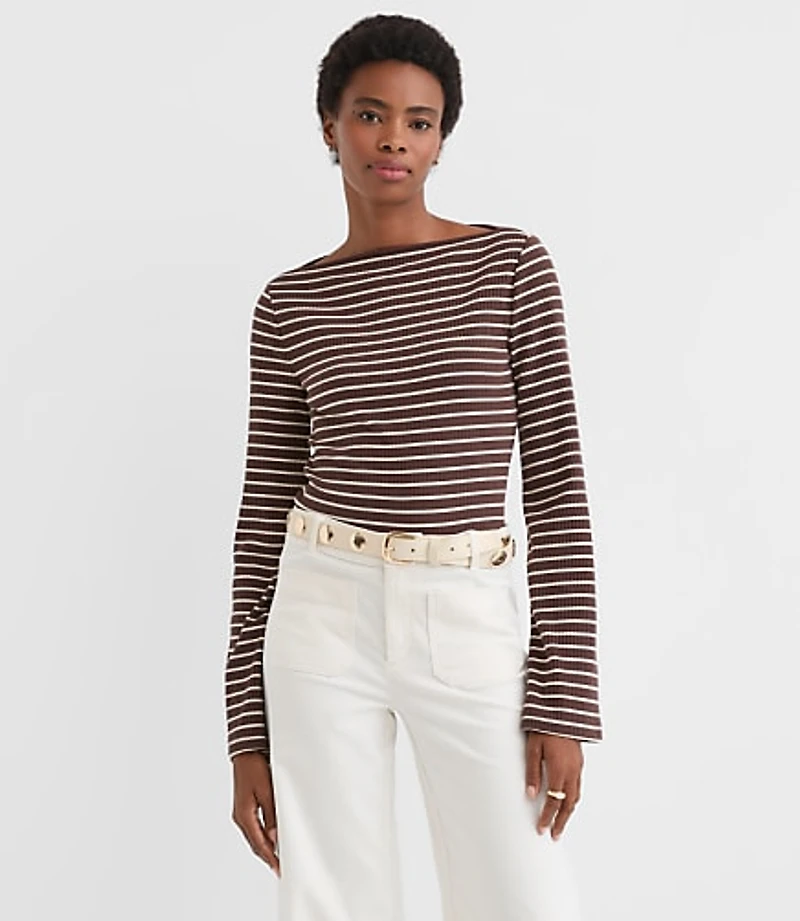 Petite Stripe Ribbed Flare Sleeve Boatneck Top
