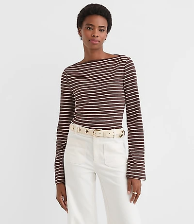 Petite Stripe Ribbed Flare Sleeve Boatneck Top