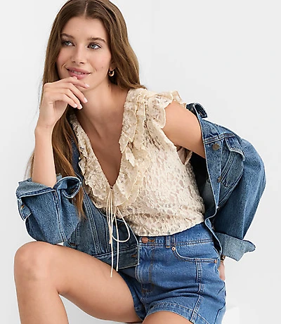 Lace Ruffle Tie Neck Top