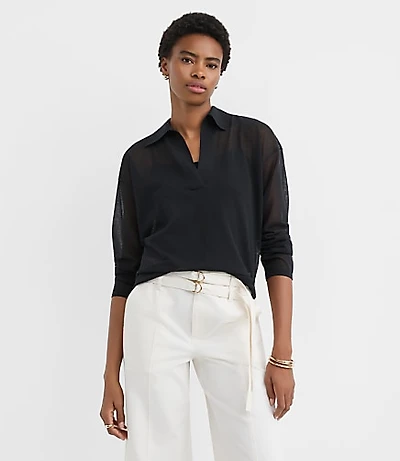 Sheer Collared Split Neck Sweater