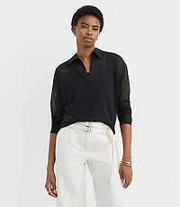 Sheer Collared Split Neck Sweater