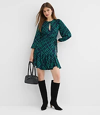 Petite Plaid Keyhole Godet Flare Dress