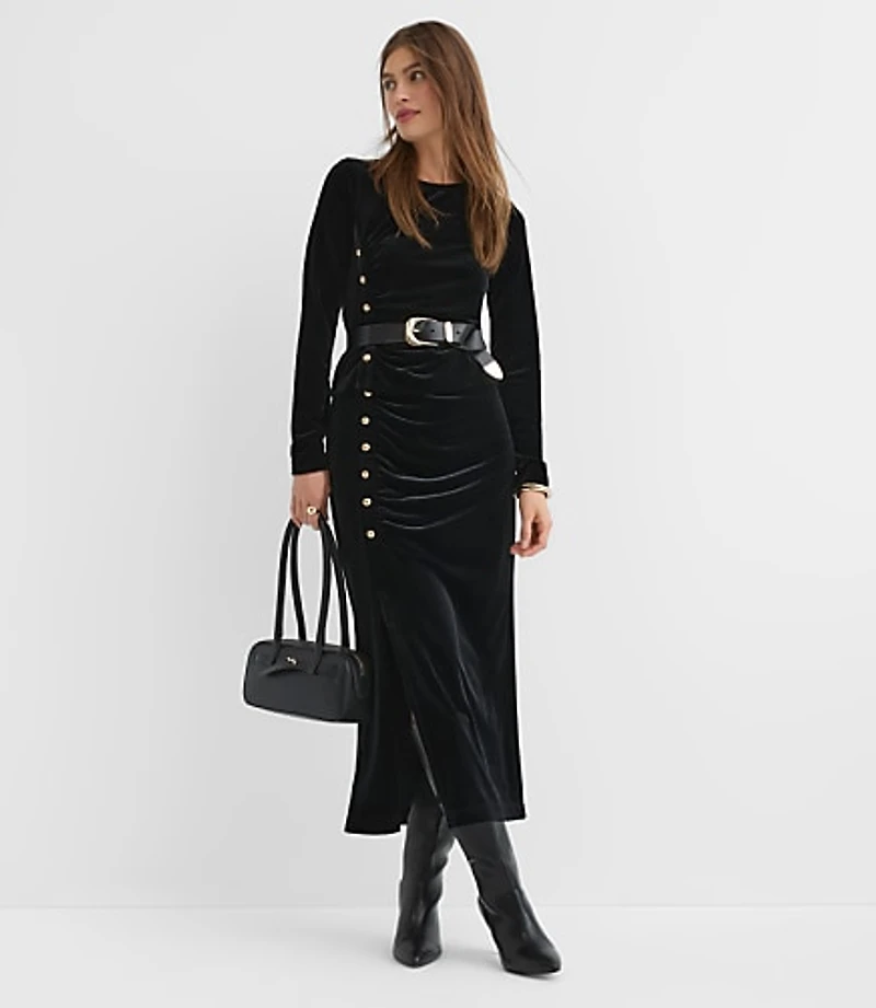 Petite Velvet Ruched Button Midi Skirt
