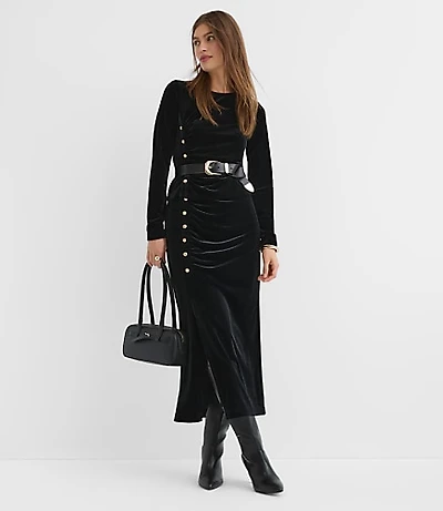 Petite Velvet Ruched Button Midi Skirt