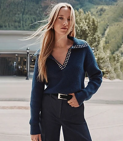 Petite Studded Ribbed Collared Split Neck Sweater