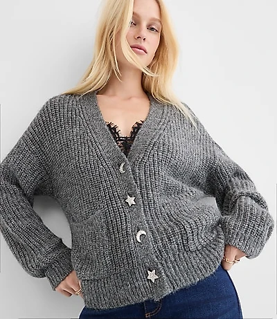 Petite Shimmer Moon & Star Jeweled Button Cardigan
