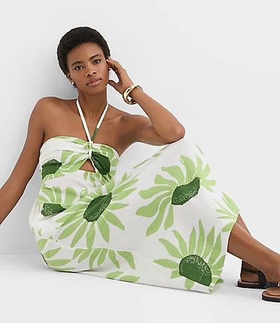 LOFT Beach Floral Linen Cotton Halter Maxi Pocket Dress