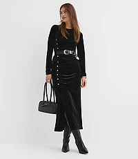 Tall Velvet Ruched Button Midi Skirt