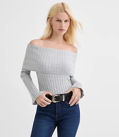 Petite Ribbed Flare Sleeve Off The Shoulder Sweater